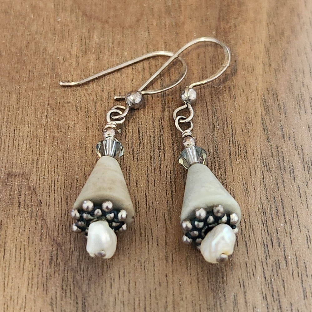 Handmade‎ Bone Pearl and Crystal Drop Earrings Silver Tone Boho French Hook